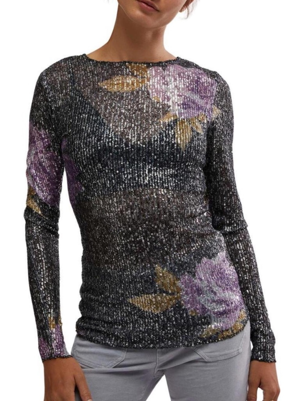 Free People Sequin Floral Mesh Top Small Sheer Long Sleeve Boho NWT